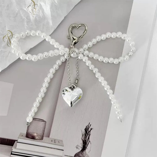 Corehide™ White Bowknot Heart Keychain Women Sweet Charm Pearl Bow Backpack Key Ring Handmade Jewelry Ornament Bags Pendants Gifts