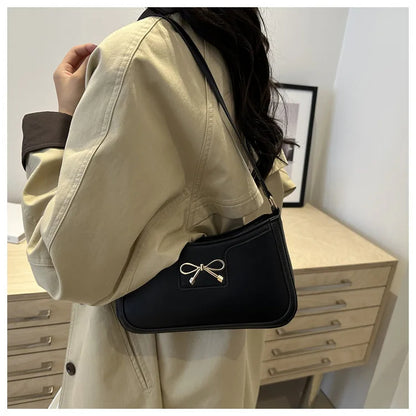 Corehide™ Stylish Shoulder Bag with Metal Bow Decoration, Versatile Underarm Bag, Classic Brown and Black Baguette Bag for Women Daily Use