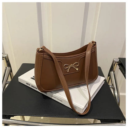 Corehide™ Stylish Shoulder Bag with Metal Bow Decoration, Versatile Underarm Bag, Classic Brown and Black Baguette Bag for Women Daily Use