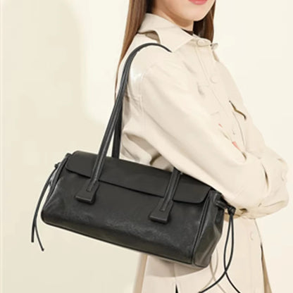 Corehide™ 2025 New Genuine Leather Women's Shoulder Bag Large Capacity Cowhide Luxury Handbag Long Strip Black Baguette Bag Female