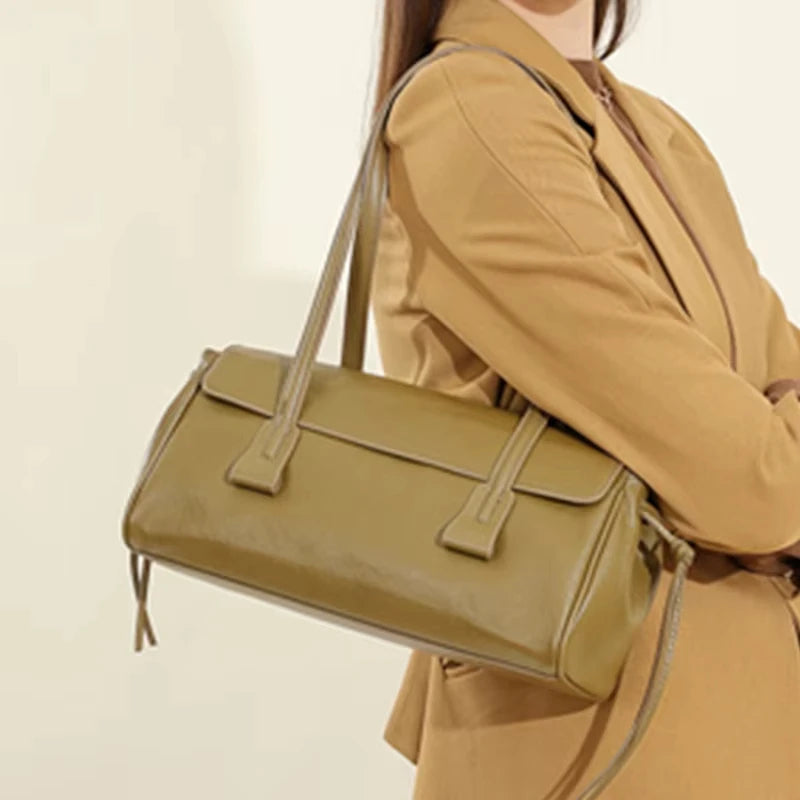 Corehide™ 2025 New Genuine Leather Women's Shoulder Bag Large Capacity Cowhide Luxury Handbag Long Strip Black Baguette Bag Female