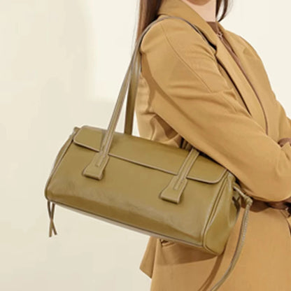 Corehide™ 2025 New Genuine Leather Women's Shoulder Bag Large Capacity Cowhide Luxury Handbag Long Strip Black Baguette Bag Female