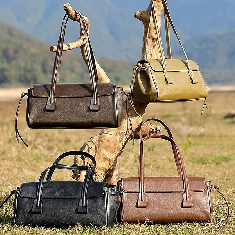 Corehide™ 2025 New Genuine Leather Women's Shoulder Bag Large Capacity Cowhide Luxury Handbag Long Strip Black Baguette Bag Female