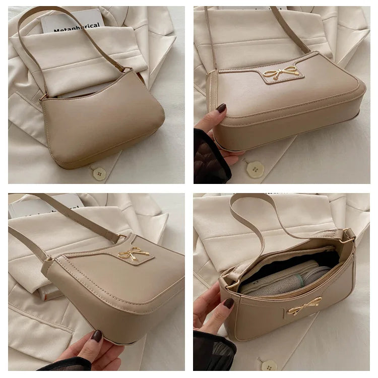 Corehide™ Stylish Shoulder Bag with Metal Bow Decoration, Versatile Underarm Bag, Classic Brown and Black Baguette Bag for Women Daily Use